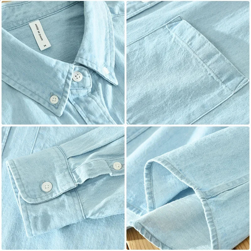 Spring and summer long sleeved denim shirt trend mens pure cotton casual loose comfortable top CM2137 250411e