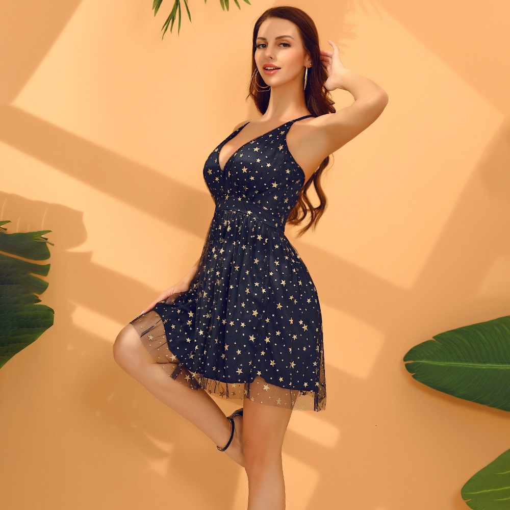 Spring/Summer 2024 V-neck suspender sexy glittering star sequin backless nightclub Cocktail dress