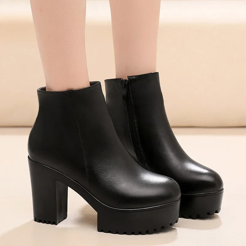 8cm 10cm Small Size 33-43 Thick Bottom Platform Shoes Ankle Boots with Fur Block High Heels Genuine Leather Boots Office 251110