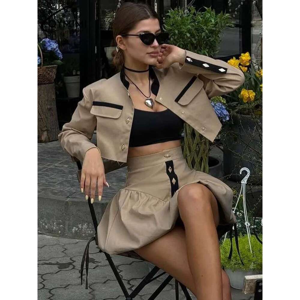 Oymimi Fashion Black Patchwork Two Piece For Women Casual Long Sleeve Button Pockets Crop Shirts + High Waist Mini Skirt Set
