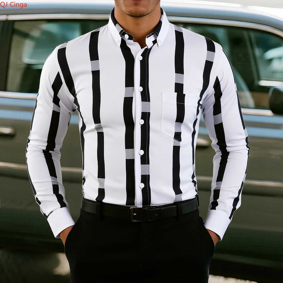 Black Striped Mens Long-Sleeve Shirt Asian Size Single-Button Collar Shirt Available in White Blue Red and Gray K251110
