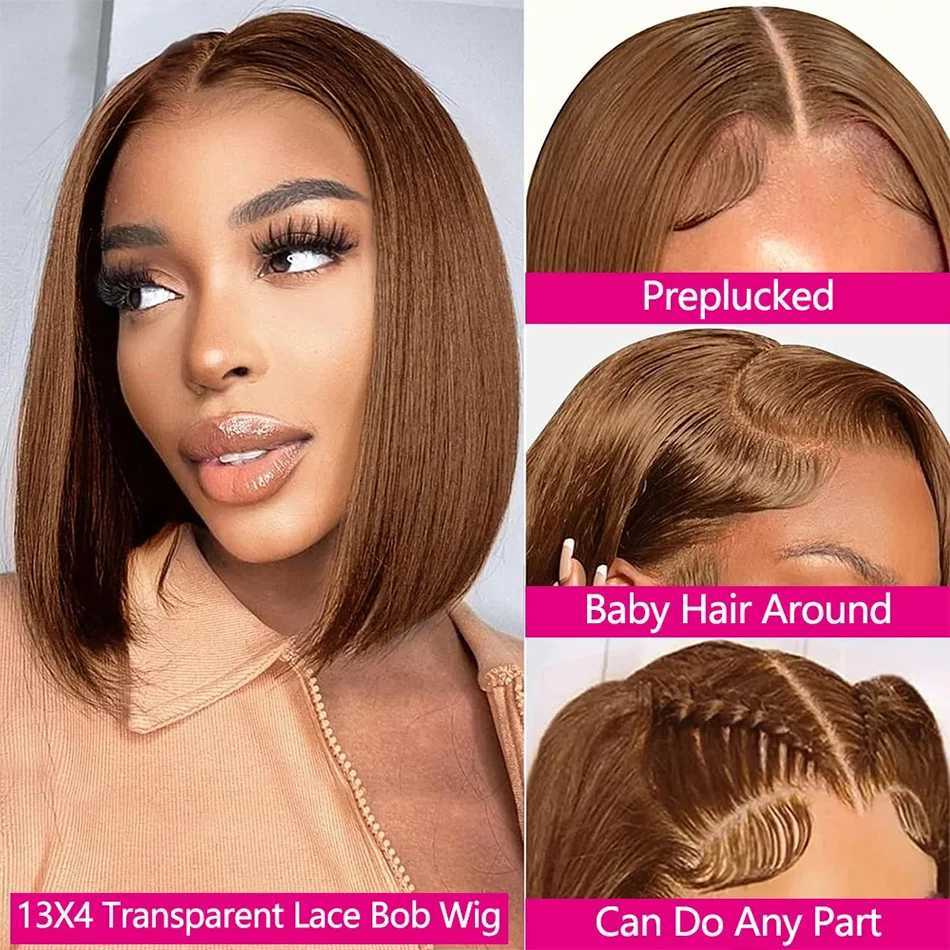 220 Density Full Frontal 13x4 HD Transparent Lace 4 Chocolate Brown Straight Short Bob Wig Human Hair Wigs Pre Plucked WigT251111