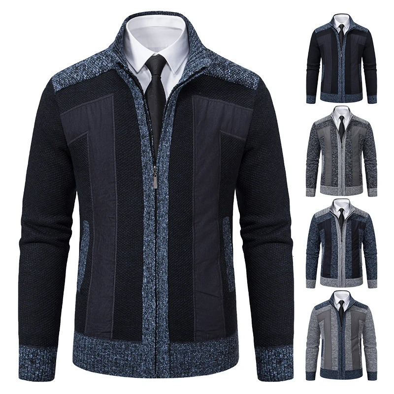 Winter Cashmere Sweater Mens Korean Jumper Coat Knit Cardigan Stand Collar Loose Warm Fleece Casual Patchworked Jackets 251030