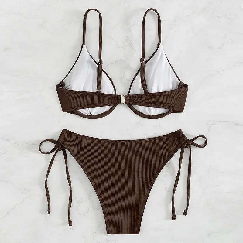 Sexy Gathered Backless Bikini Women's Pure Color Strap Steel Support Separable Swimwear Trendy 2024 New Model Hot Sale