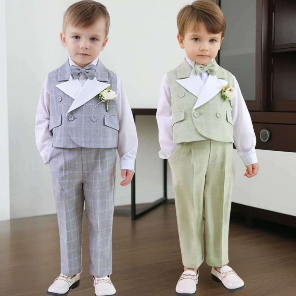 Trendy Boys Suit Set Spring British Style Formal Kids Plaid Vest Outfits Elegant School Child Birthday Pography Costume 250410