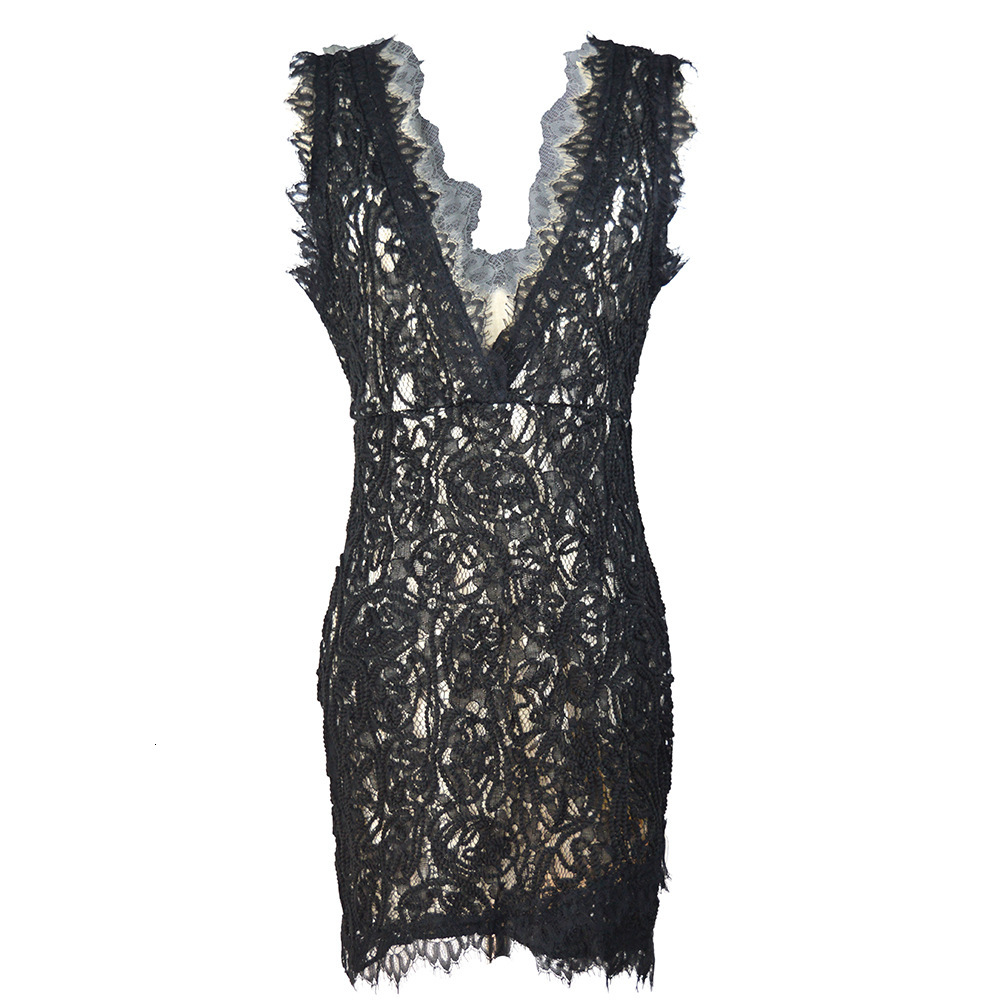 New Hooked Lace Sleeveless V-Neck Wrapped Hip Sexy Dress for Women