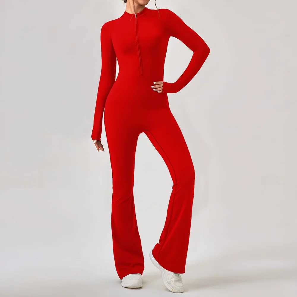 Zipper long sleeved yoga jumpsuit wide leg Flare womens sportswear quick drying gym running set one-piece sportswearW250411