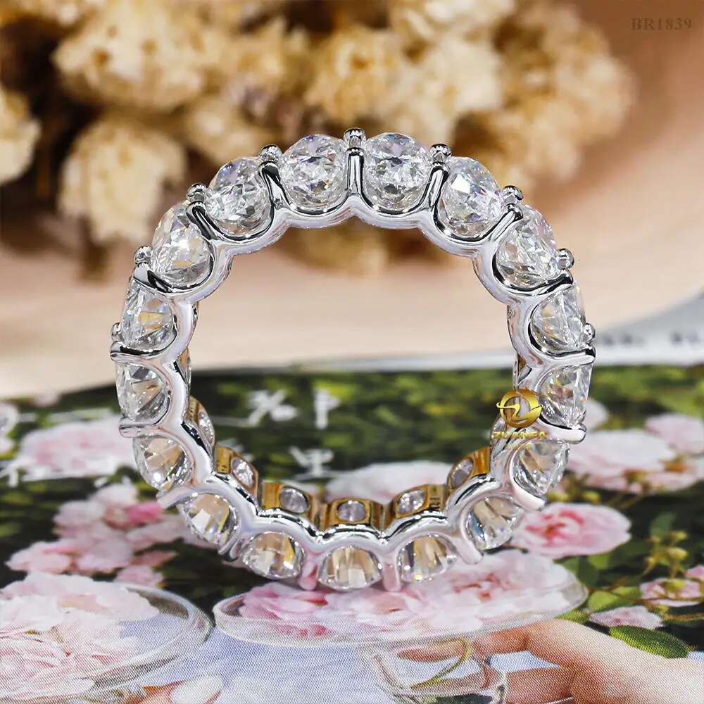 Iced Bling Oval Moissanite Eternity Ring for Women Men 925 Sterling Silver D Color VVS Moissanite Diamond Wedding Band Pass Test
