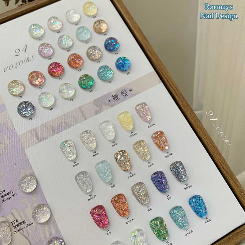 Rormays Colorful Sequins gel Nail 24PCS Mixed Varnish Chip Shiny Summer Semi permanent Korean Sequins UV Japanese Nail Salon Primer Finish 15ML Wholes