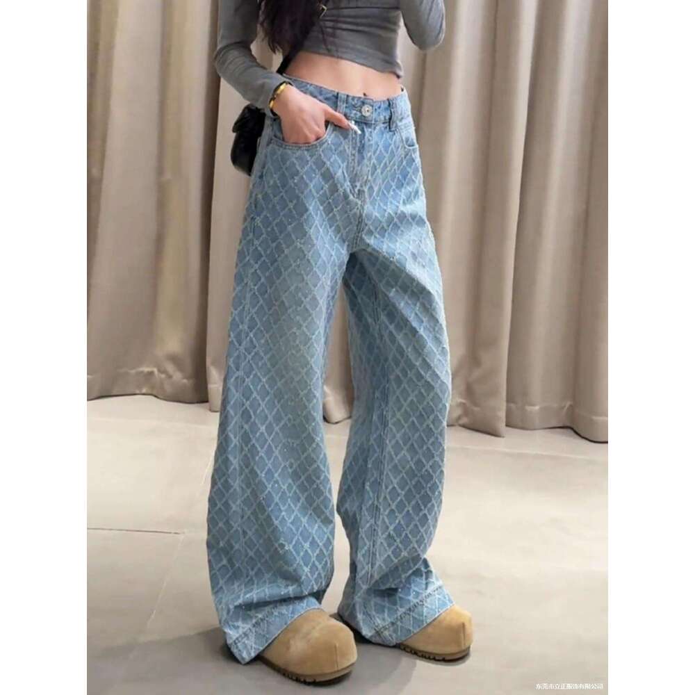 Designer clothing Designer clothing European early spring new high waisted hanging wide leg pants for women, worn diamond grid loose floor pants, blue