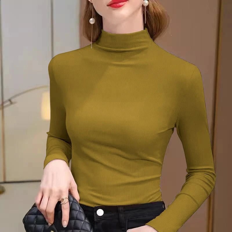 Womens elastic semi high neck solid ribbon top long sleeved tight bottom basic shirt casual clothing autumn 250411Z