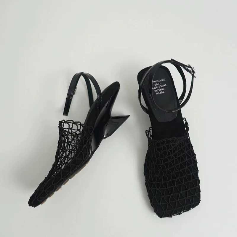 2024 New Grid Design Womens Sandals Square Toe Solid Color Half High Heel Womens Sandals Summer Casual Outdoor ShoesXJ250410