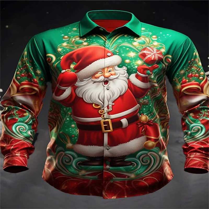 2024 Fashion Christmas Themed 3D Printed Mens Casual Long Sleeve Shirt Street Wear Party Size Shirt Santa Claus Hot Sale K251110