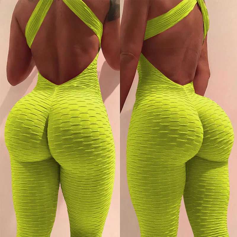 Sexy backless jumpsuit for women solid fitness push up yoga set elastic seamless jacquard bubble gym sportswear workout clothesW250411