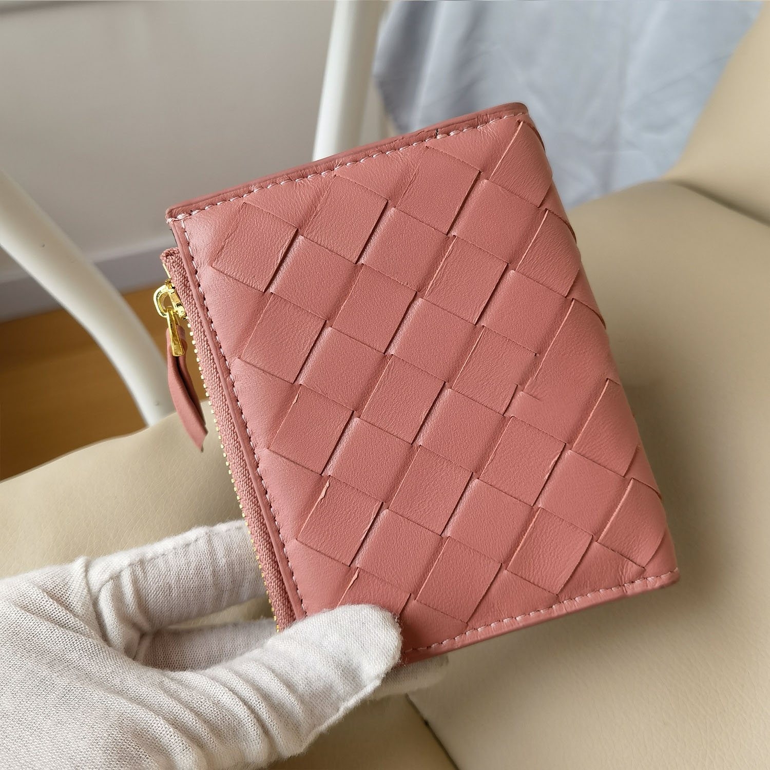 Sheepskin hand-woven short wallet coin purse zipper bag genuine leather billfold card holder integrated storage bag trendy