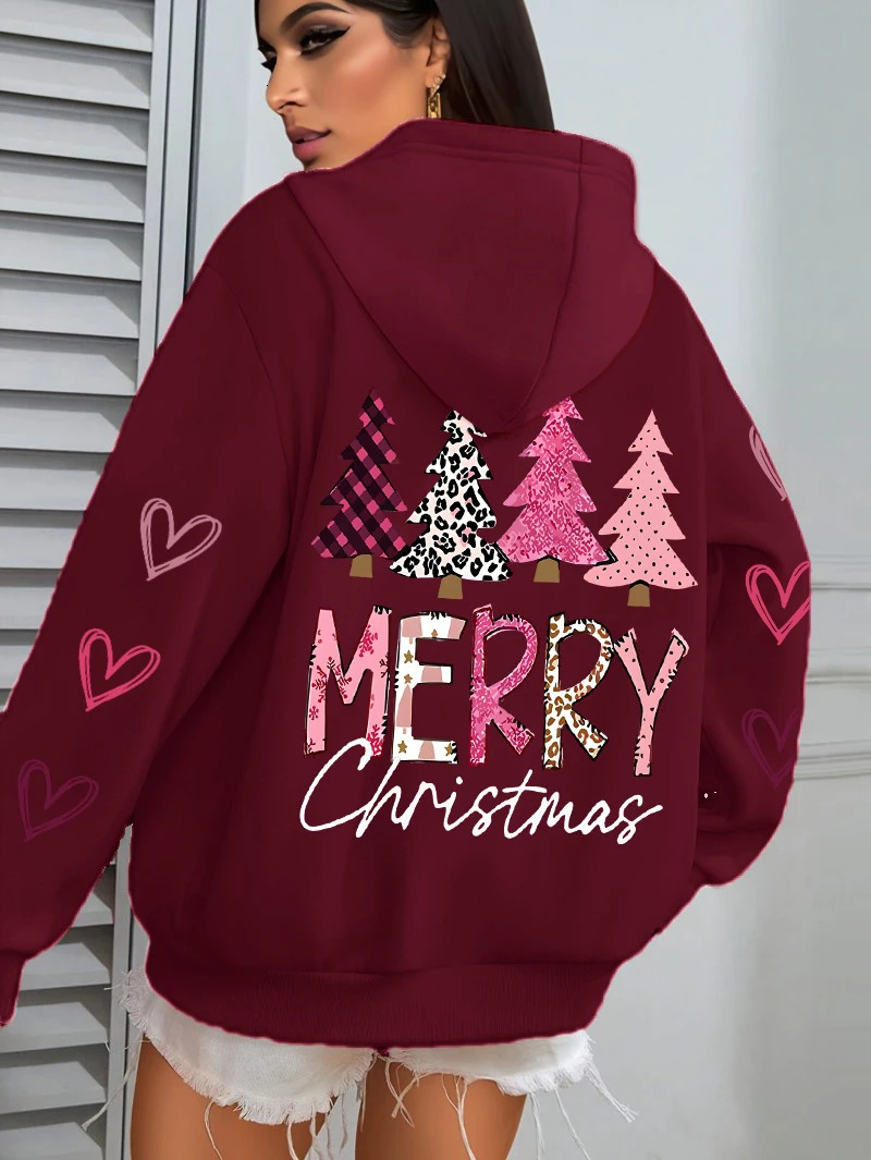 Merry Christmas Pink Tree Printing Women Hoody All-Match Autumn Hoodies Casual Loose Pullover Harajuku Pocket Streetwear 251105