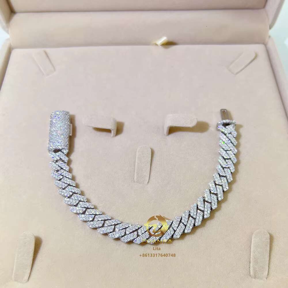 Fashion Fine Iced Out Jewelry Custom Gold Plated Long Clasp Cuban Link Chain Moissanite 10mm Silver Cuban Bracelet
