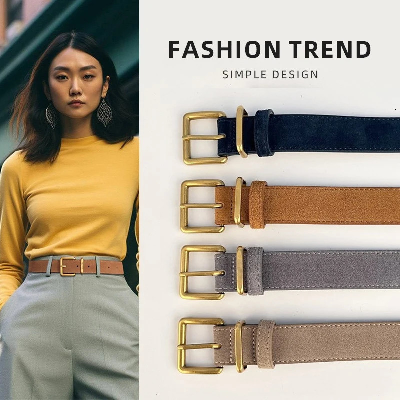 Double Genuine Leather Belt for Women Cowhide Suede Belts with Trendy Square Alloy Buckle Ideal for Dresses and Jeans 251110