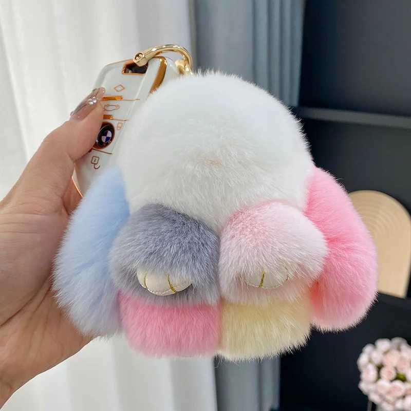 2024 multi-color rabbit keychain ring fluffy real fur fluffy rabbit pavilion keychain charm cute ring car key pendant W250411