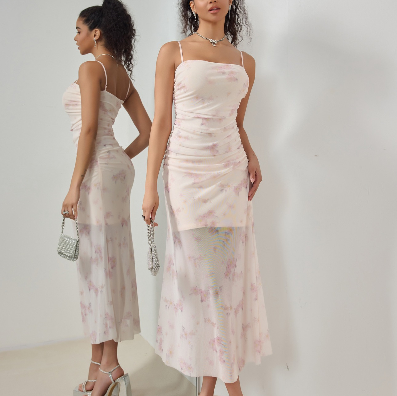 Women's clothing 2025 spring/summer new sweet printed pleated camisole dress with vacation style high elasticity fishtail long skirt