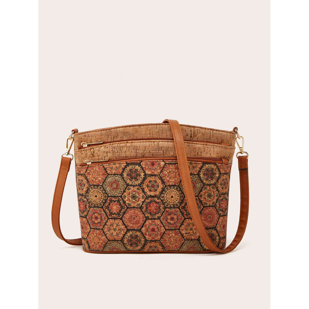 DHcollections 2025 Women's Bark Texture Shoulder Bag - Ethnic Print Crossbody Purse with Zipper Olive Green Floral