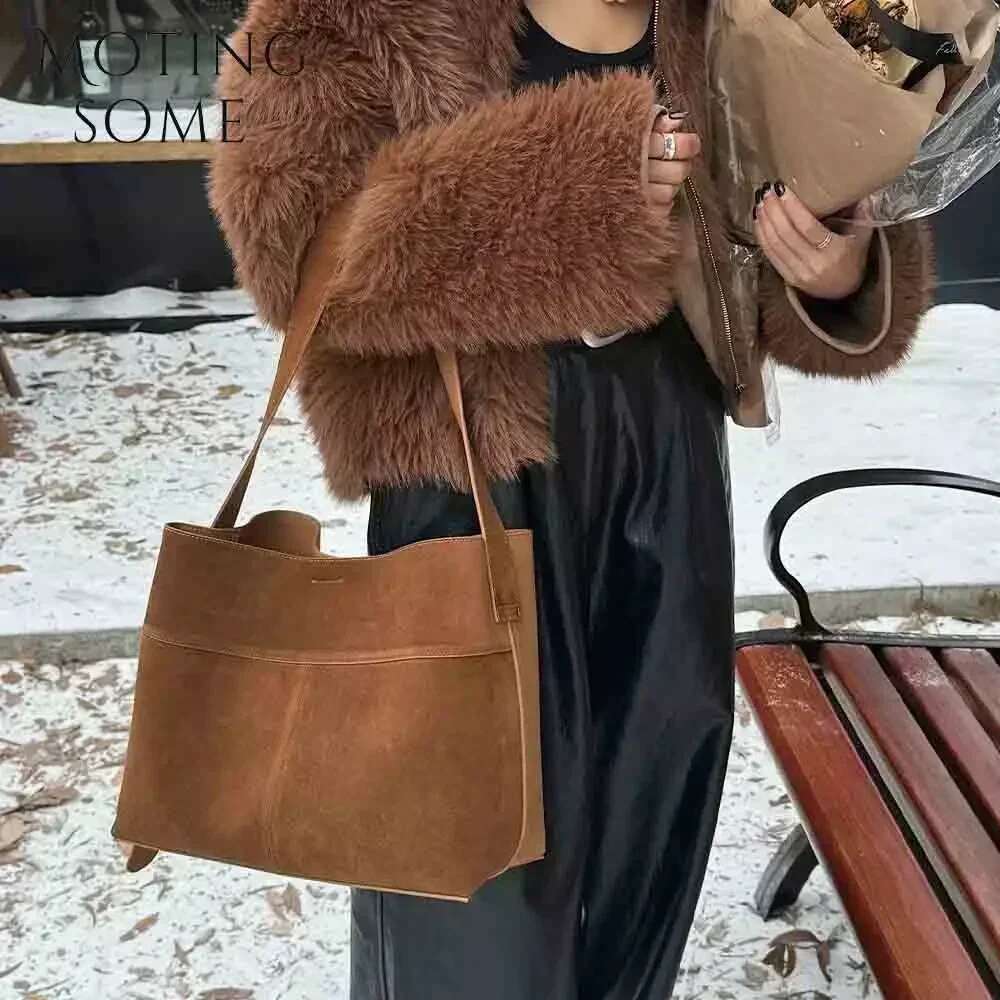 Designer Motingsome Oversize Women Bag Suede Leather Winter Bags Frosted Cow Skin Handbag And Purses Retro Lady Tote 2024 New