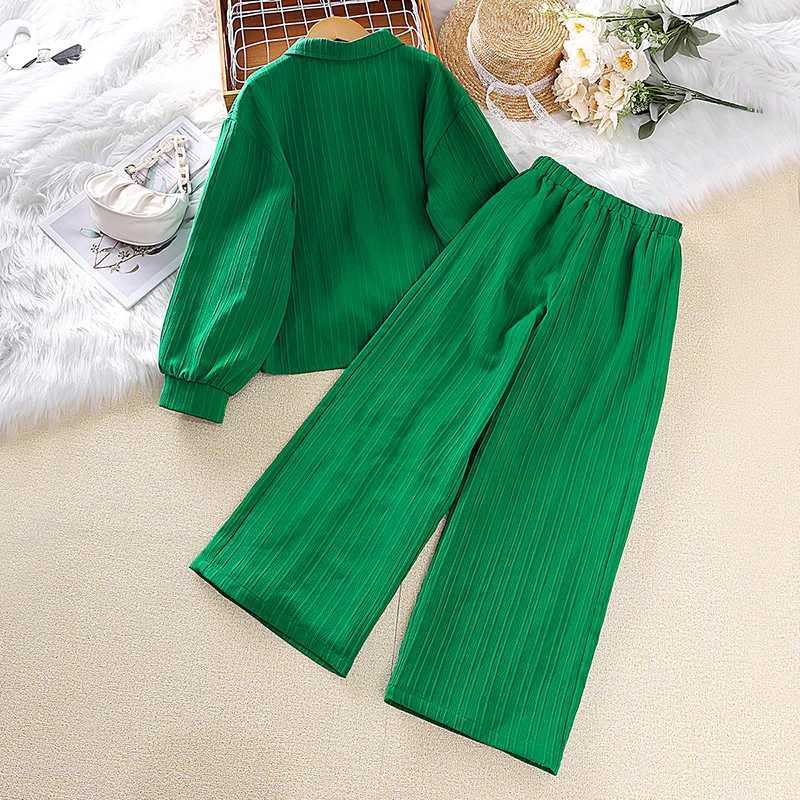 Girls set 8-12 year green long sleeved top+green pants for girls Korean sled set summer casual clothing setXJ250410
