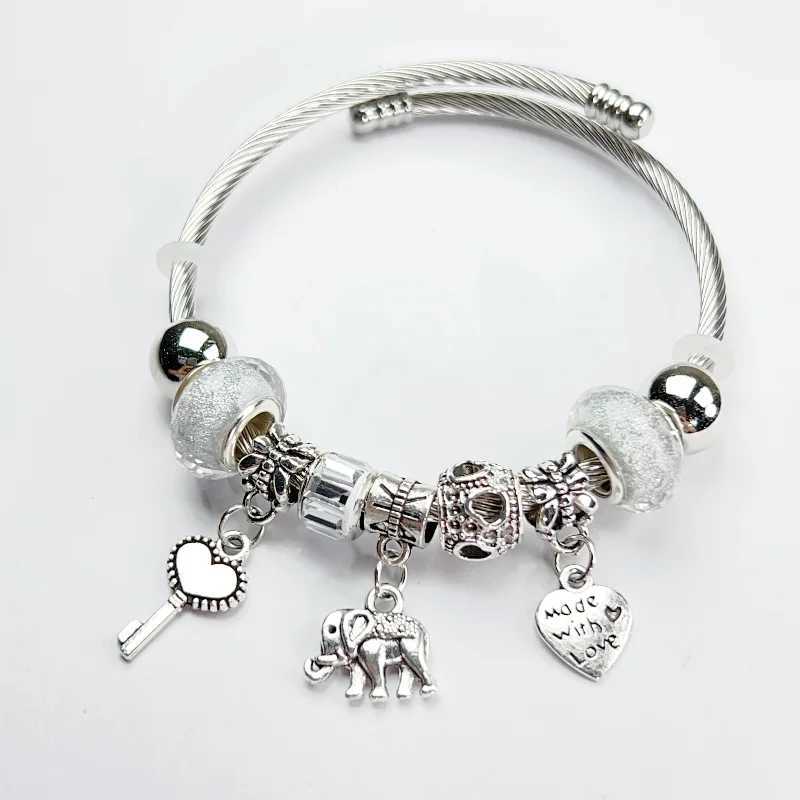 Adjustable Silver Color Alloy Elephant Heart Pendant Artificial Zircon Bangle Round Bead Bracelet Cuff for Women Elegant WeddingC250410