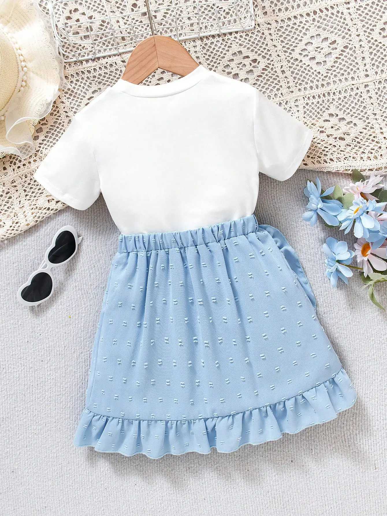 Girls Blue Bow Tee Tiered Skirt Set#Sweet Preppy Outfit for Ages 4-7School/PartiesS/SXJ250410