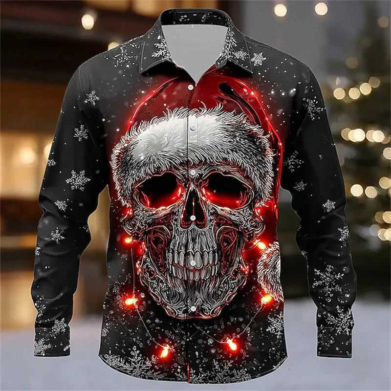 Christmas Mens Skull Button Shirt Long Sleeve Dark Punk Gothic Style Outdoor Holiday Spring Autumn Lapel Shirt Black K251110