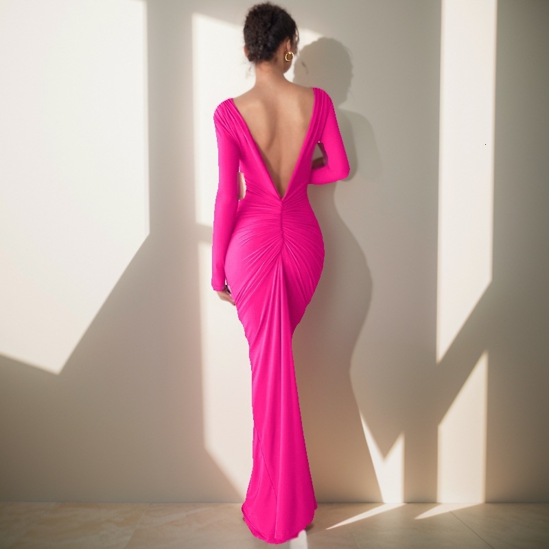 New women's French long sleeved sexy deep V-neck pleated slim fit dress for two high waisted dresses
