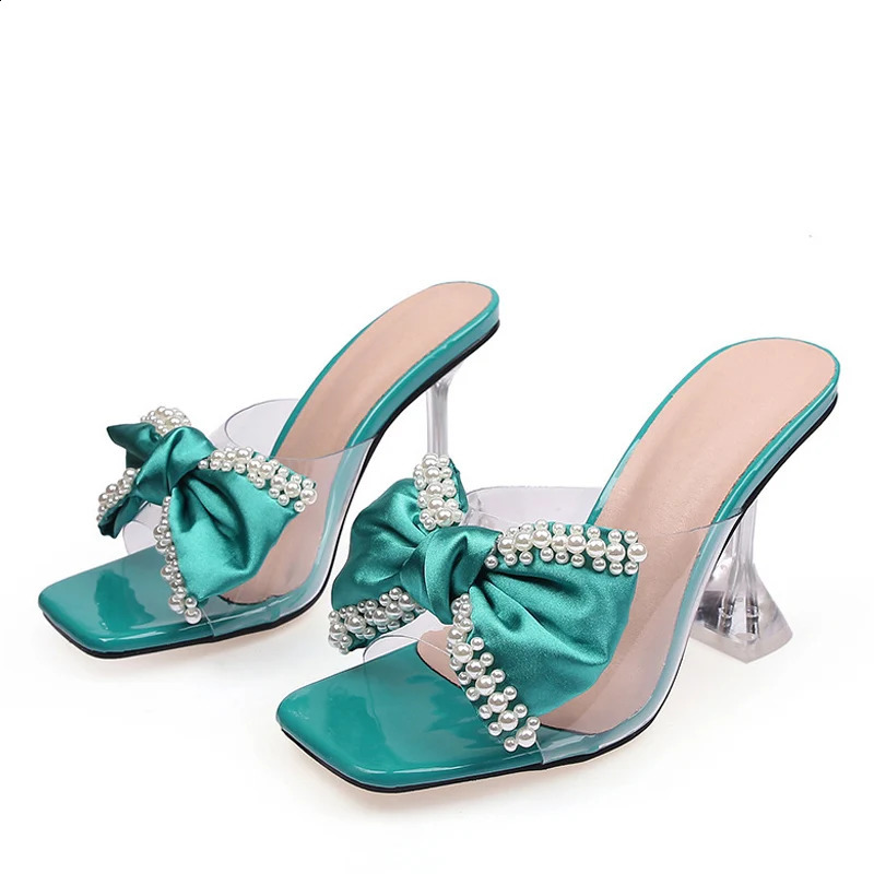Liyke Pink Womens Sliding Sandals Fashion Pearl Bow High Heels PVC Transparent Shoes Summer Mule Sliding Pump 250408
