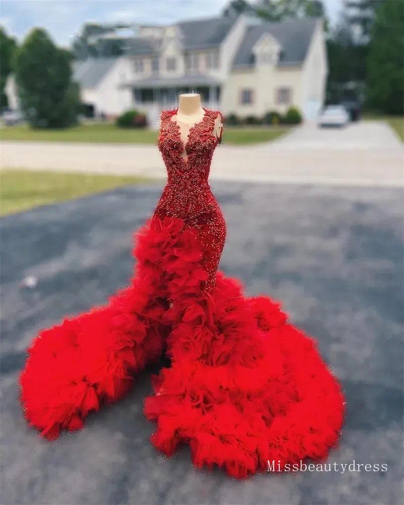Red O Neck Long Prom Dress For Black Girls Beaded Appliques Birthday Party Dresses Ruffles Evening Gowns Mermaid High Slit Dr0324