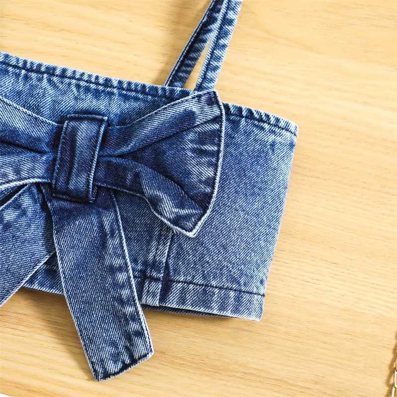 Pudcoco Childrens Baby Girls Summer 2-piece Solid Sleeveless Bow Denim Tank Top and Elastic Casual Ski Shorts Set 1-6TXJ250410