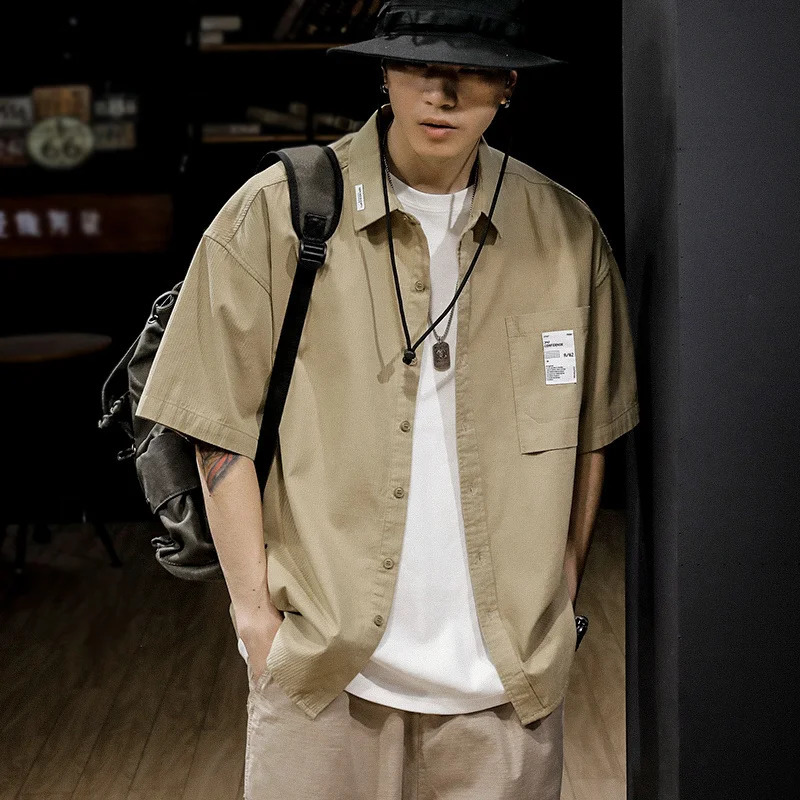 Retro short sleeved social shirt mens loose casual open top commodity summer fashion prefabricated street clothing plain weave 250411e