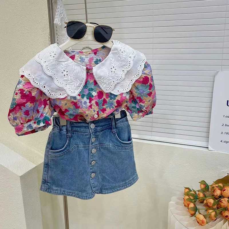 Childrens girl flower collar short sleeved shirt top+denim Culottes 2-piece set 2023 new childrens summer clothing setXJ250410