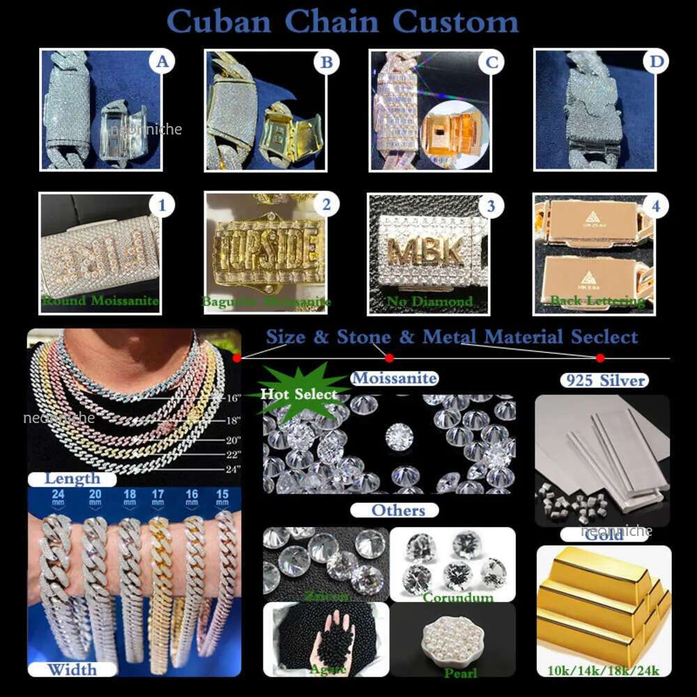 10mm Hip Hop Necklace for Pendant White Sterg Sier Iced Out Vvs Moissanite Dia Cuban k Chain Men Women
