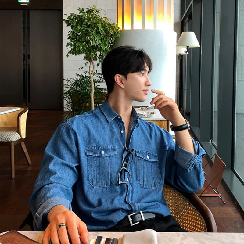 Autumn mens lightweight retro denim casual shirt long sleeved button down premium solid color business pocket 250411e