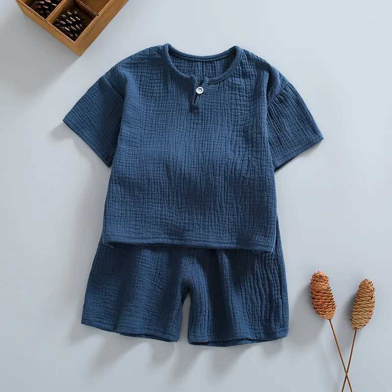 Summer Clothing Sets Organic Double Gauze Cotton Home Wear Kids Clothes Summer Kids Pajama Short Sleeve Shorts Suit WhiteXJ250410