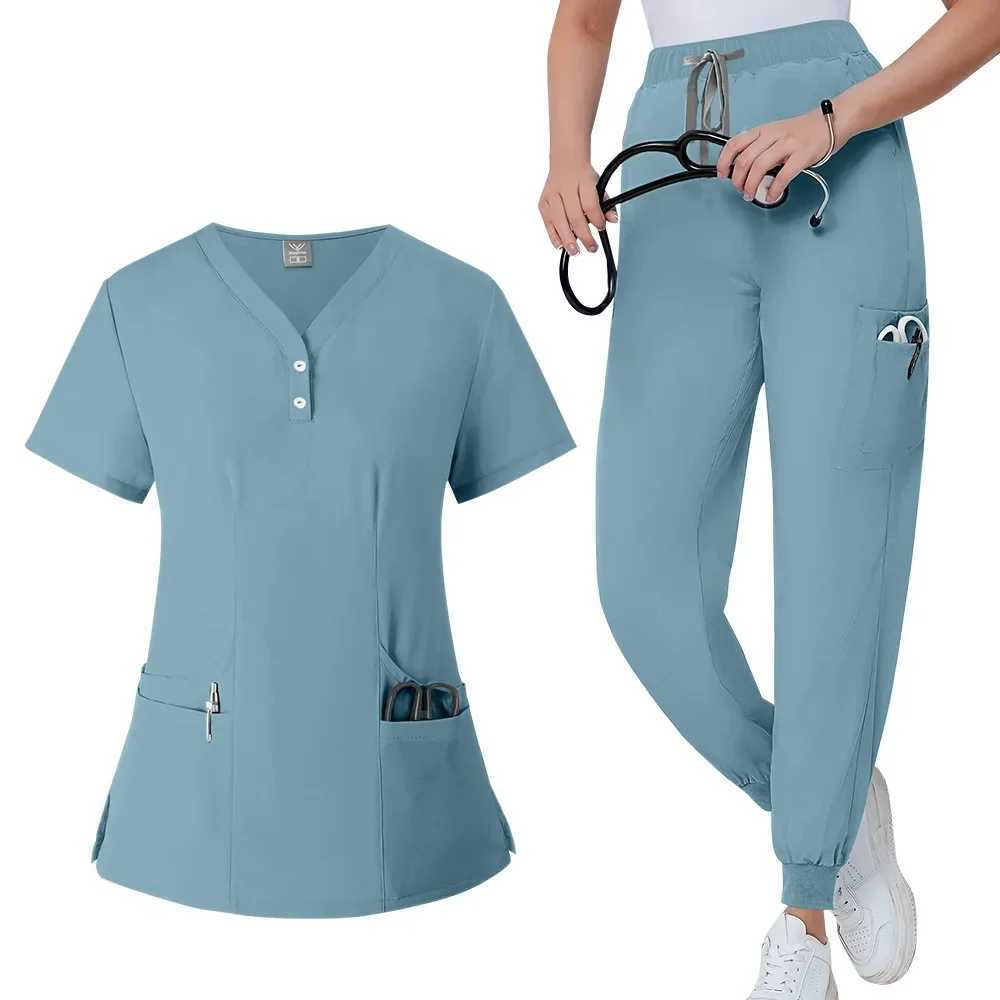 Womens medical frosted pants mid waist elastic wrinkles slim fit waist brushed pocket surgical gown X250410