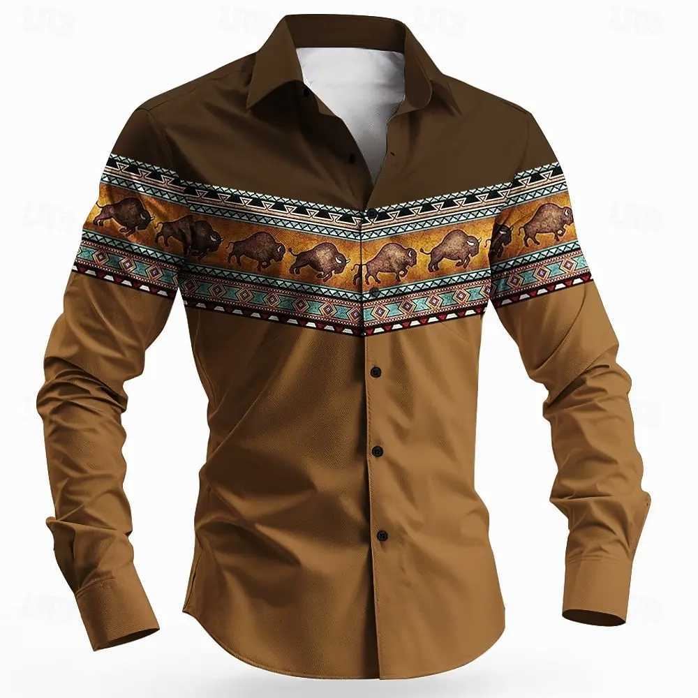 Vintage Mens Long Sleeve Shirt Aztec Bull Ethnic Shirt Button Up Shirt Streetwear Casual Comfort Polyester Slim Fit Shirts K251110