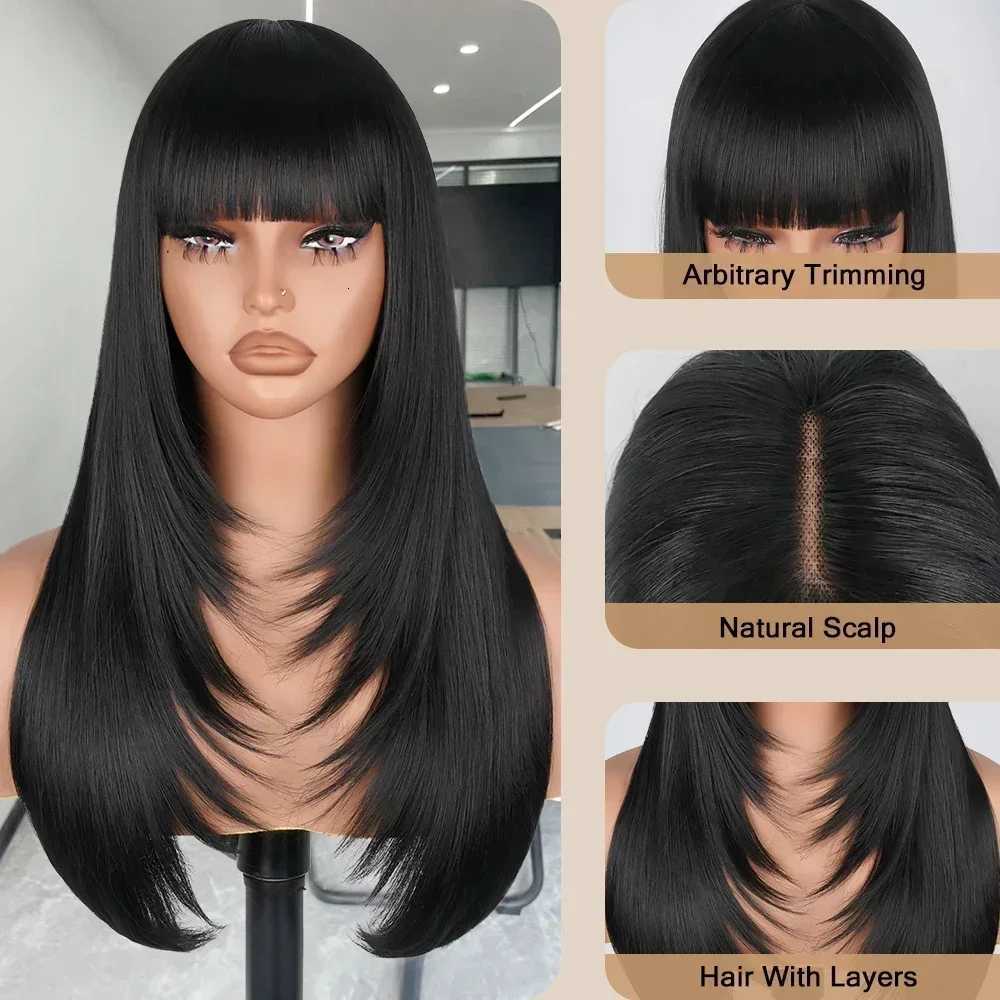 Straight Layered Cut Wigs with Bangs HD Lace Fake Scalp Synthetic Natural Layered Lace Wig For Women Glueless Heat Resistant WigT251111