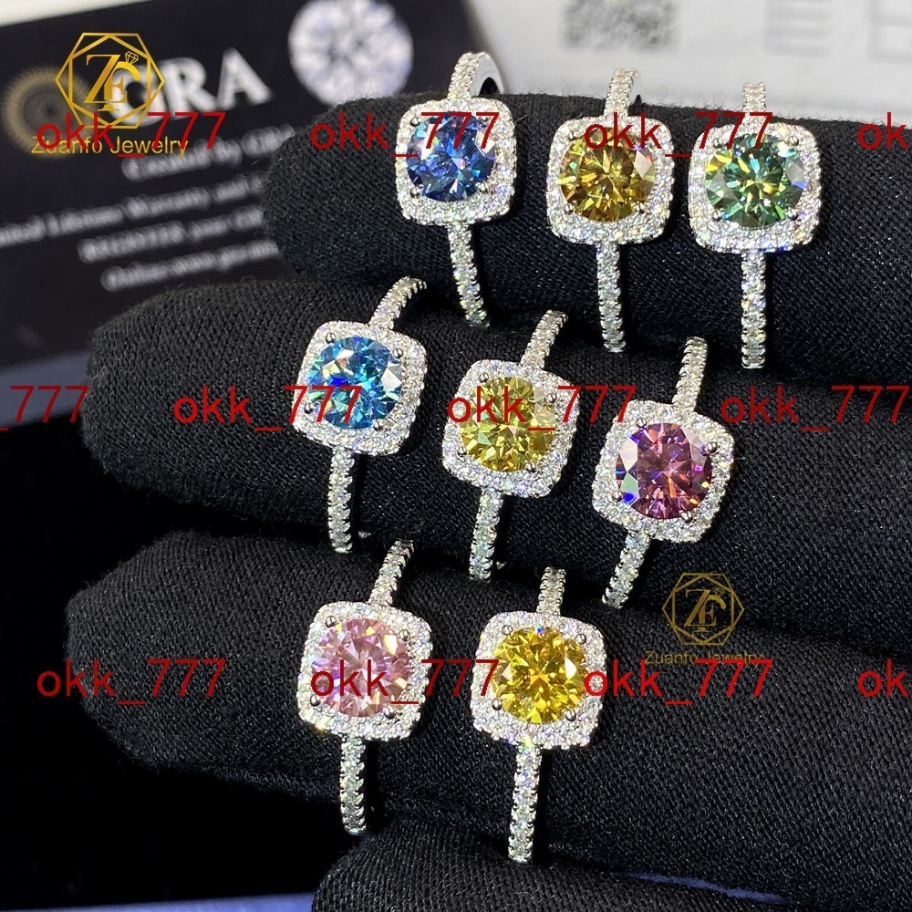 925 Silver Fashion Jewelry Colorful Round Moissanite Ring in Yellow Pink Blue for Parties and Engagement for Women