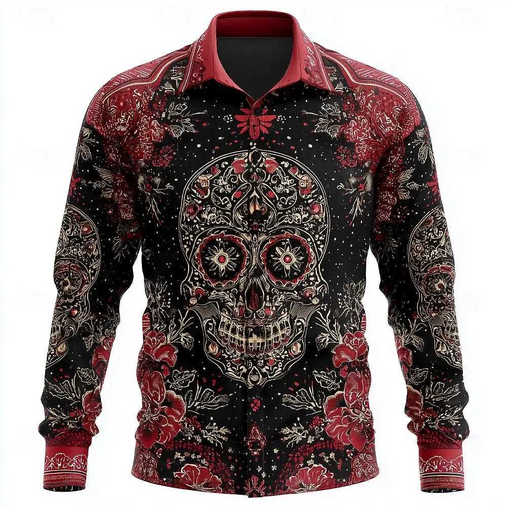 Mens Skull Day of the Dead Flower Floral Shirt 3D Printed Shirt Button Up Shirt Casual Long Sleeve Shirt Street Blouse for Men K251110