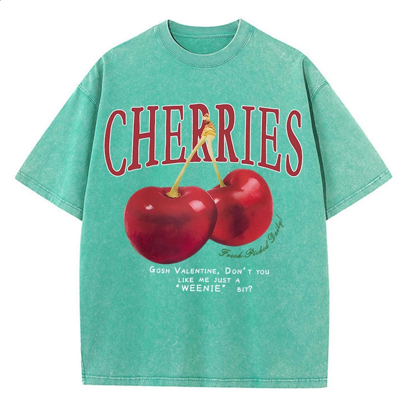 Women Cotton Washed T-Shirts Trend O-Neck Distressed Tops Fresh Red Cherries Print Short Sleeve Summer Street Female Clothes 250410