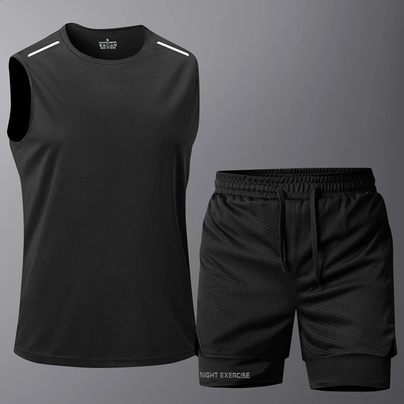 Mens twopiece sportswear summer breathable quick drying gym fitness set running sleeveless Tshirt shorts 250411