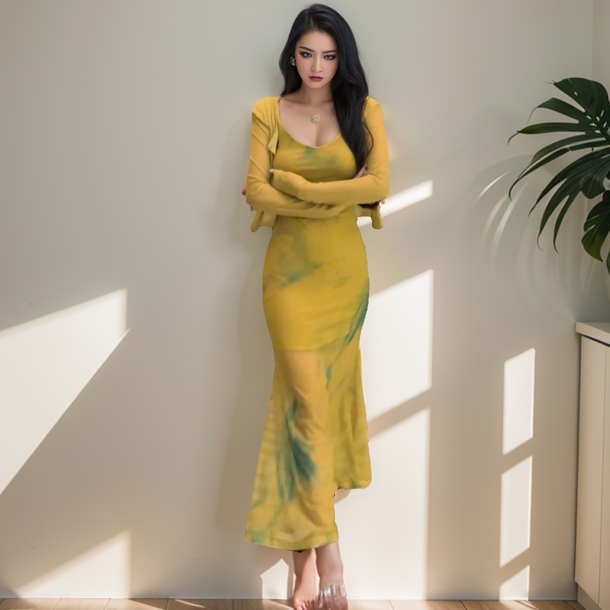 French high-end fishtail skirt set for women, 2024 autumn new versatile slim fit camisole dress+cardigan