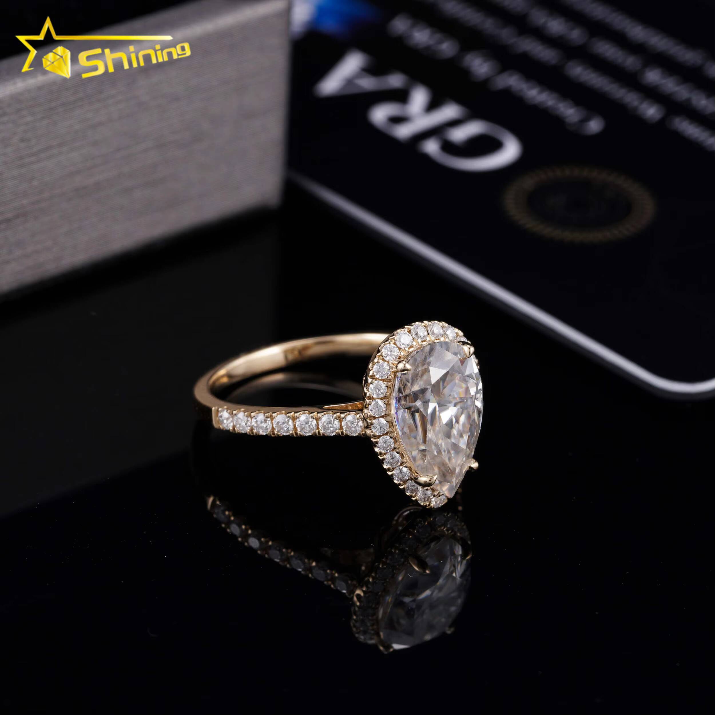 Shining Jewelry 14K Solid Gold 7x11MM 3CT Halo Pear Moissanite Engagement Ring Custom Women Fine Wedding Rings