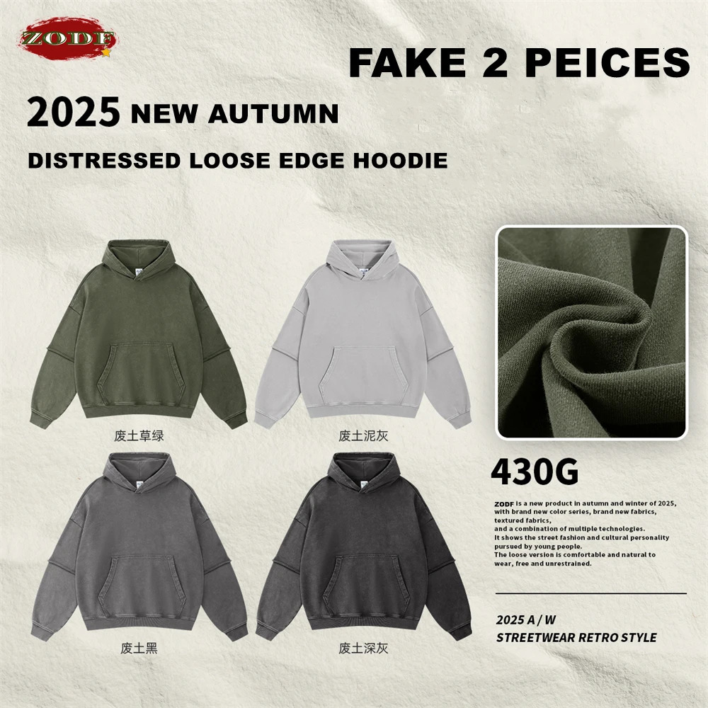ZODF Autumn Mens Washed Heavy Weight Cotton Hoodies Unisex Retro 2 Peice 430gsm Loose Edge Hooded Pullovers HY1082 251110