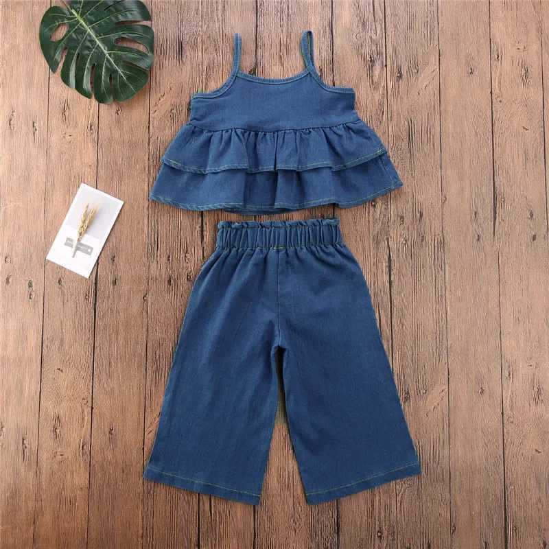 1-5 year girl denim suit sleeveless ruffled Camisol high waisted wide leg pants blue denim suitXJ250410